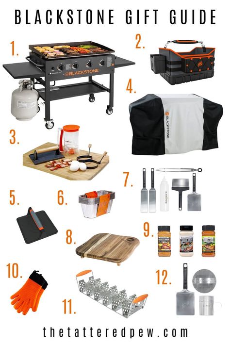 This Blackstone gift guide is everything you need for the Blackstone fan in your life! Flat Top Grill Accessories, Blackstone Deck Ideas, Black Stone Grill Set Up, Blackstone Gift Ideas, Blackstone Griddle Accessories, Blackstone Grill Hacks, Black Stone Grill Outdoor Kitchens, Black Stone Griddle Accessories, Cooking On Blackstone Grill