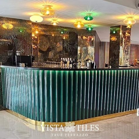 Bar Front Green Ceramic Corrugated Tile Concave Ceramic - Etsy Australia Shaped Tiles, Bar Tile, Hotel Lobbies, Green Bar, Bar Fronts, Handmade Tile, Bar Interior, Lounge Design, Decorative Tiles