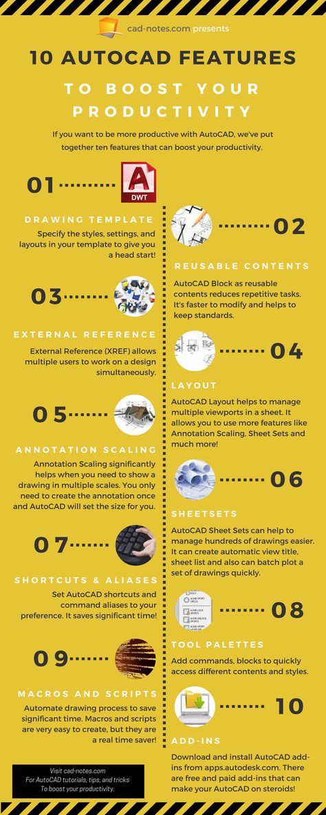 Infographics: 10 AutoCAD Features to Boost Your Productivity Autocad Tips And Tricks, Autocad Tricks, Autocad Course, Autocad Tips, Autocad Inventor, Learn Autocad, Architecture Design Presentation, Autocad Tutorial, Architecture Portfolio Layout