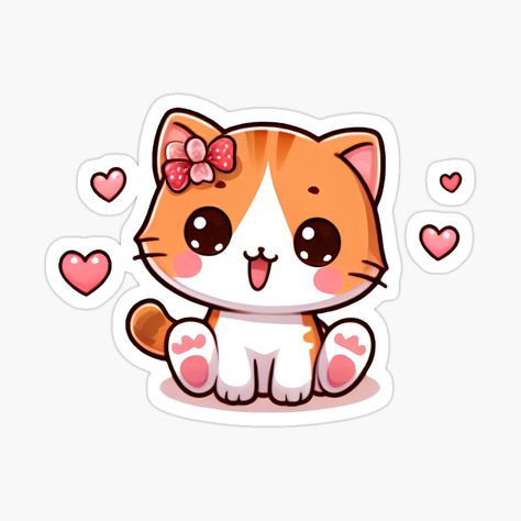 Cute Kitten Drawing Kawaii, Gatos Stickers, Cat Cute Sticker, Cat Valentine Drawing, Cartoon Cat Drawing, Decorating Water Bottles, Cat Stickers Kawaii, Cat And Dog Stickers, Kitten Stickers