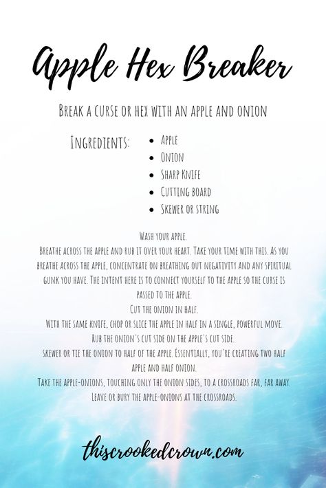 There are thousands of ways to break a curse. But the other day I was thinking about curse breaking with ordinary items. The humble egg is the most common hex breaking tool in your average kitchen. But what about an apple? Apples are great for love and healing spells. They're used in binding spells too. … Continue reading Apple Hex Breaker Hex Breaker Spell, Break A Binding Spell, Spells To Break A Curse, Breaking A Hex Spell, Apple Magic Spells, Remove A Hex Or Curse, Match Stick Hex Test, Break Hexes And Curses, Breaking Hexes And Curses