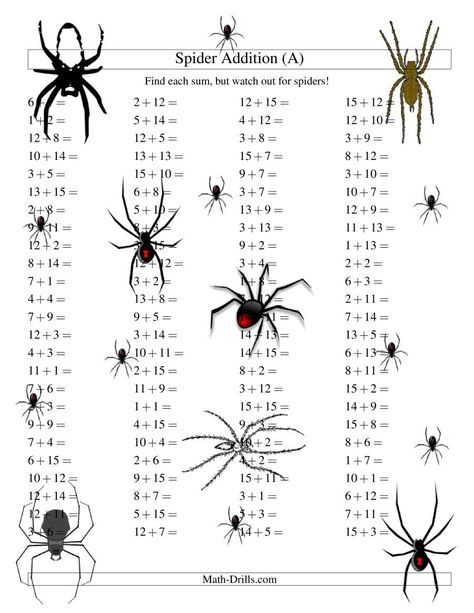 The Spider Addition Facts to 30 (A) Math Worksheet Spider Addition, Halloween Geometry, Halloween Multiplication Worksheets, Halloween Fractions, Halloween Word Problems, Spider Math, Holiday Math Worksheets, Math Multiplication Worksheets, Halloween Math Worksheets