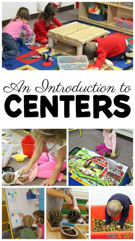 An introduction to centers in preschool and kindergarten #Preschool #Kindergarten #EarlyChildhoodEducation #FunADay #Centers #PreschoolCenters #PreschoolTeachers Centers In Preschool, Preschool Stations, Preschool Set Up, Learning Centers Preschool, Kindergarten Classrooms, Preschool Rooms, Preschool Centers, Classroom Centers, Toddler Classroom