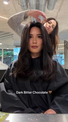 Chocolate black tea & layers 🤎 so happy with the end results! @Gevir ... | TikTok Chocolate Black Tea Hair Color, Black Hair With Brown Ends, Black Tea Hair Color, Bitter Chocolate Hair, Dark Bitter Chocolate Hair, Dark Hair Gloss, Black Chocolate Hair, Chocolate Black Tea Hair, Chocolate Black Hair