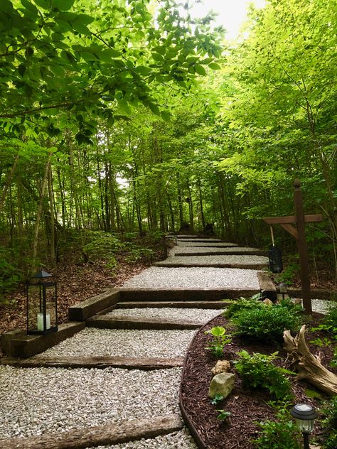 Forest Steps Pathways, Trail Landscape Design, Wooded Backyard Landscape, Forest Landscaping, Wood Pathway, Cottage Stairs, Rock Path, Wood Path, Antipolo