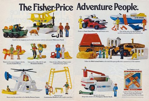 The Fisher-Price Adventure People 3-Page Spread | by _Pixelpiper Vintage Fisher Price Toys, 80 Cartoons, 70s Toys, Fisher Price Toys, Rescue Team, 90s Childhood, Vintage Fisher Price, Childhood Toys, Retro 70s