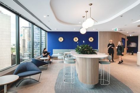 Scandi Office, Staff Retention, Staff Lounge, Atelier Design, Commercial Office Design, Blue Office, Office Space Design, Office Lounge, Group Photography