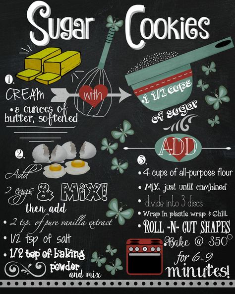 Save yourself a little time by printing this free sugar cookie recipe chalkboard printable. Frame it or hang it on the fridge for easy access. Best Sugar Cookie Recipe, Recipe Drawing, Chalkboard Printables, Cupcake Decoration, Sugar Cookie Recipe, Chalkboard Sign, Icing Cookies, Sugar Cookies Recipe, Chalkboard Art