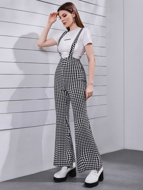 Black and White Casual   Polyester Houndstooth  Embellished Slight Stretch Spring/Fall Women Jumpsuits & Bodysuits Black And White Romper, White Romper, Striped Pants, White Casual, Jumpsuits For Women, Womens Tees, Overalls, Jumpsuit, Rompers