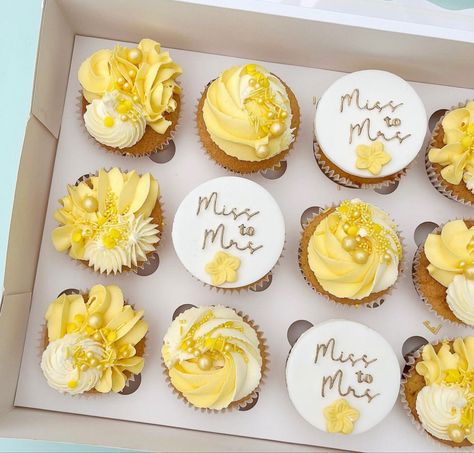 Lemon Themed Bridal Shower Cupcakes, Miss To Mrs Cupcakes, Bride To Bee Cupcakes, Bridal Cupcakes, Bride To Bee, Cake Treats, Lemon Themed Bridal Shower, Bee Cupcakes, Bridal Shower Cupcakes