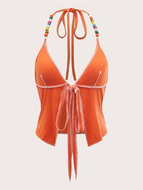 SHEIN SXY Plus Bead Decor Top-stitching Asymmetrical Hem Tie Backless Halter Top Tie Backless Halter Top, Orange Halter Top, Bead Decor, Backless Halter Top, Dopamine Dressing, Summer Plus Size, Plus Size Tank Tops, Sewing Project, Tie Top