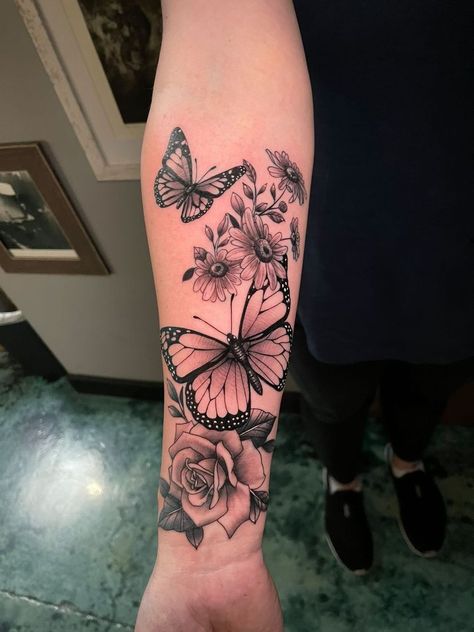 In Memory Butterfly Tattoo, Butterfly In Memory Tattoo, Grandparent Memorial Tattoo, Memorial Tattoo Ideas Grandma, Small Remembrance Tattoos, Made In Heaven Tattoo, Butterfly Sleeve Tattoo, Black And Grey Realism, Cute Matching Tattoos