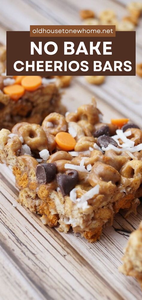 These Chocolate Peanut Butter No Bake Cheerios Bars with Coconut are a fun take on the traditional marshmallow treat bars! Recipe Using Cheerios, Cheerios Dessert, Cheerios Bars, Bars With Coconut, Cheerio Treats, Chocolate Peanut Butter No Bake, Cheerios Recipes, Peanut Butter Cheerio Bars, Cheerio Bars