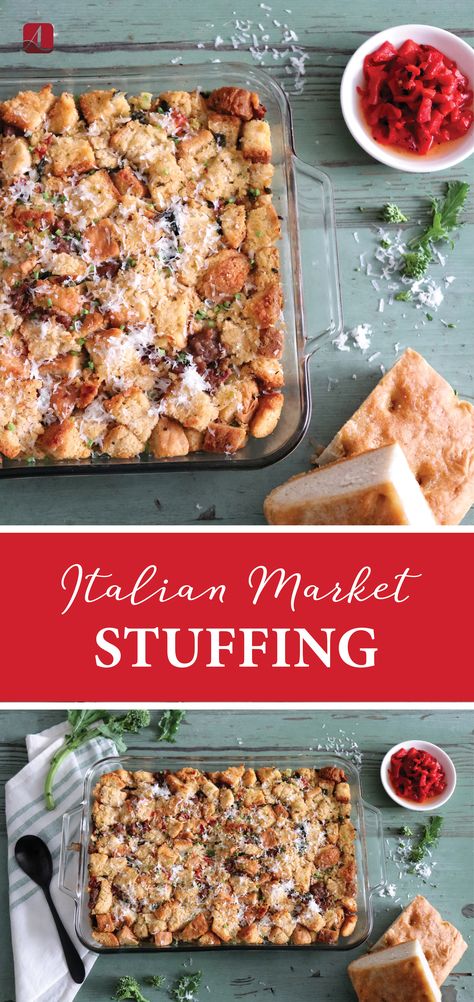 This creative stuffing is sure to please your Thanksgiving crowd. Made with focaccia bread, and loaded with broccoli rabe, roasted red peppers, parmesan cheese, and Italian sausage. | #stuffing #italian #thanksgiving #fall Foccacia Bread Stuffing, Focaccia Stuffing, Italian Sausage Stuffing, Italian Thanksgiving, Bread Stuffing, Foccacia Bread, Sausage Stuffing, Turkey Broth, Italian Market