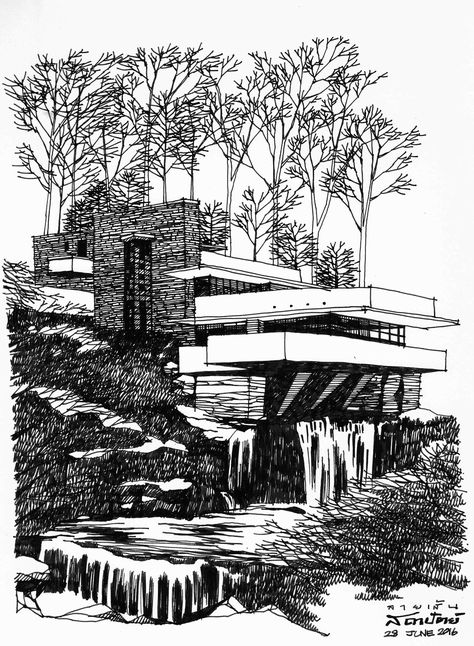 Falling water house sketch Falling Water Sketch, Falling Water Architecture, Fallingwater House, House Design Drawing, Falling Water House, Falling Water, Famous Architecture, Water House, House Sketch