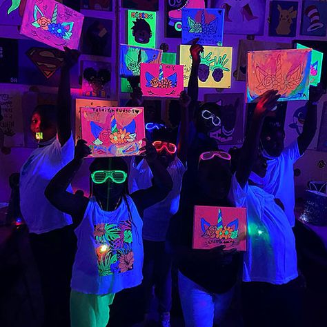 Treat your child to an exciting day of color, creativity, and glow in the dark fun with this private painting party!   During this unique 3-hour party, each child will be provided with a pre-sketched canvas. Their faces will light up as their professional instructor provides them with special glow in the dark paints that magically illuminate under the studio’s black lights. Then, it’s time to let their imaginations run free! No two pieces will be exactly the same, and you can be certain that eac Glow In The Dark Artwork, Glow In The Dark Paint Party, Glow In The Dark Kids Party, Neon Kids Party, Glow Paintings Canvas, Glow In The Dark Birthday Party, Glow In Dark Painting, Glow In The Dark Painting Ideas, Glow Paint Party