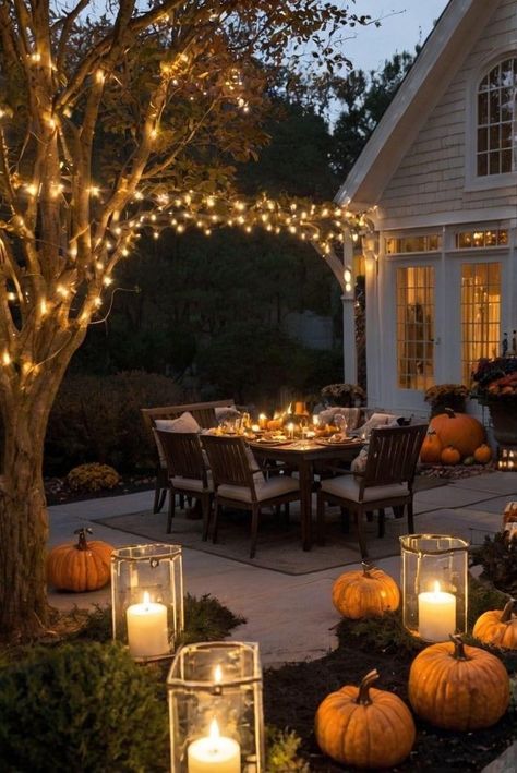 Diy Fall Decor For Porch, Decorating Outside For Fall, Thanksgiving Tablescapes Outdoor, Thanksgiving Backyard Decor, Fall House Decor Outdoor, Fall Deck Ideas, Hay Fall Decor, Fall Backyard Decor, Fall Decor Ideas For Outside