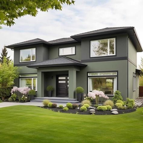 Outdoor House Paint Colors Modern, Green Exterior Paint Colors For House, Best Exterior House Colors 2024, Green House Paint Exterior, Sage Green Exterior House Colors, Exterior House Paint Ideas, House Paint Ideas, Green Home Exterior, Green Exterior House