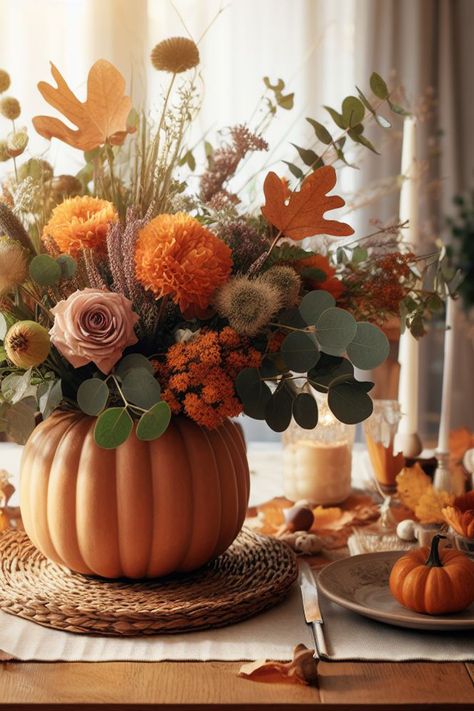 Fall in love with this stunning ceramic pumpkin vase filled with dried flowers and an autumn flower arrangement. The warm colors of the vase, flowers, and hazelnuts will create a cosy and inviting atmosphere in your home. The candles add a touch of elegance and romance, making this the perfect centerpiece for your Thanksgiving or Halloween table. Fall Bowl Centerpiece, Autumn Flower Centerpieces, Thanksgiving Flower Arrangement, Pumpkin Dried Flowers, Pumpkin Vase With Flowers, Fall Pumpkin Floral Arrangements, Thanksgiving Centerpieces Flowers, Thanksgiving Floral Centerpieces, Pumpkin Vase Centerpiece