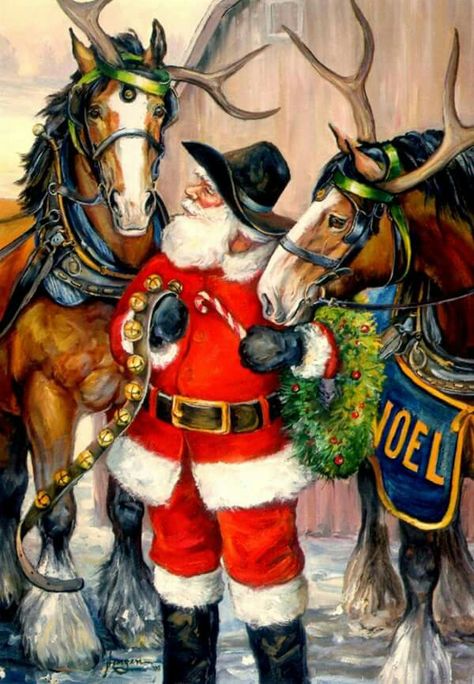 Cowboy Santa Cowboy Christmas Wallpaper, Cowboy Christmas Cards, Western Christmas Cards, Merry Christmas Wallpaper, Santa Art, Christmas Horses, Santa Pictures, Christmas Artwork, Cowboy Christmas