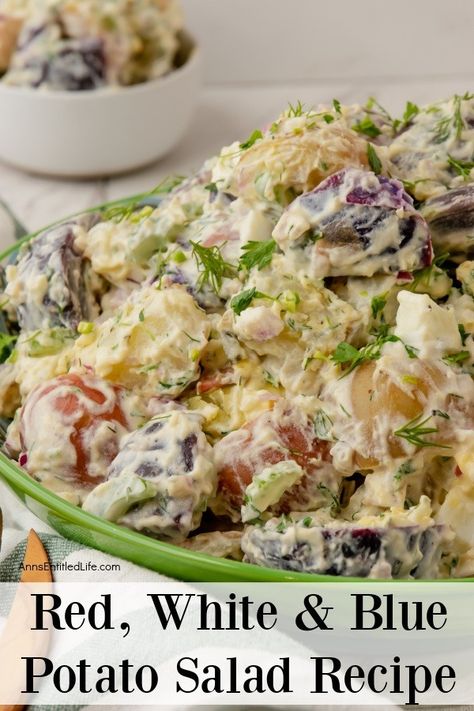 Red, White, and Blue Potato Salad Recipe. This red, white, and blue potato salad is an update to a classic potato salad recipe that is perfect for parties and picnics. This multicolored dish is sure to be the star of your next summer gathering. Packed with potatoes, eggs, mayonnaise, and herbs, this potato salad is simple enough for even novice cooks to make. The Best American Potato Salad, Red White Blue Potato Salad, Red Hot And Blue Potato Salad, Red White And Blue Potato Salad, 4th Of July Potato Salad, Red Potato Salad With Egg, Red Potato Salad Recipe, American Potato Salad, Sweet Potato Salad Recipe