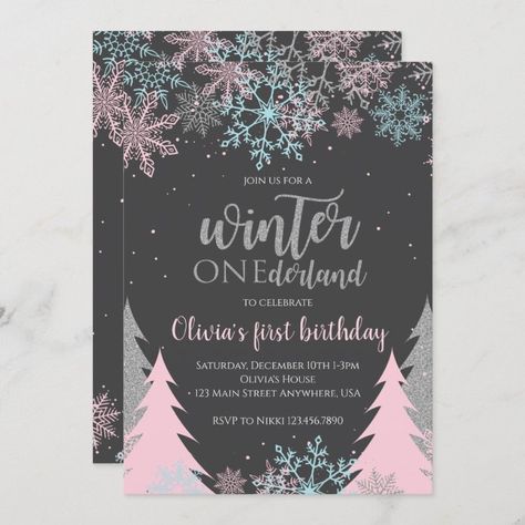 Winter Onederland First Birthday Snowflakes Trees Invitation - tap/click to personalize and buy #Invitation #winter #onederland, #snowflakes, #silver, #glitter, Winter Birthday Party Invitations, Cute Birthday Party Ideas, Winter Onederland First Birthday, Winter Onederland Invitations, First Birthday Pink, Glitter Snowflakes, Winter Birthday Parties, Cute Birthday Party, Winter Onederland