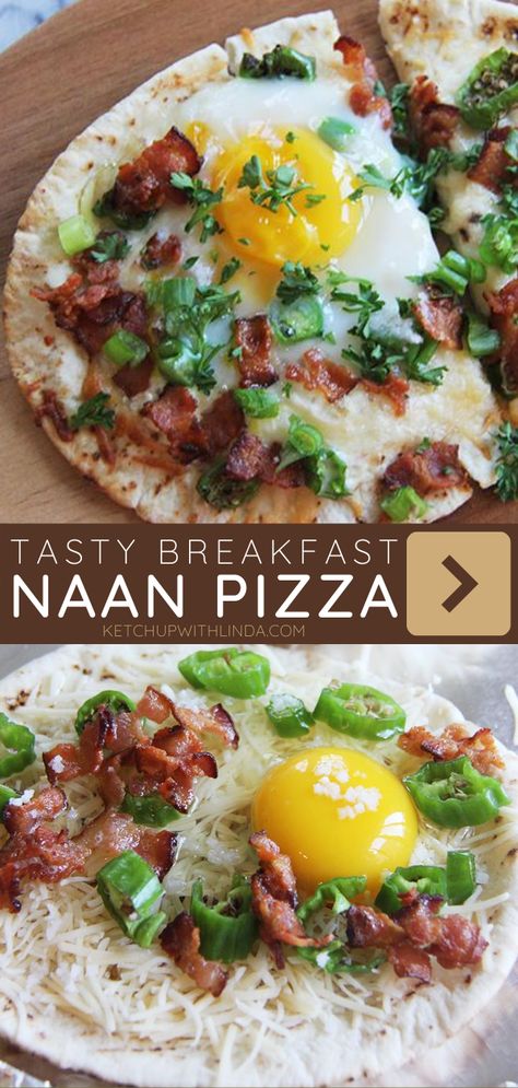 Make breakfast or brunch more exciting with this Breakfast Naan Pizza Recipe! This recipe is so tasty yet quick and easy to make.  What’s more fun than a breakfast naan pizza with crispy bacon on top? Not to mention the ooey-gooey egg! Save this pin! Naan Egg Breakfast, Breakfast Naan Pizza, Naan Breakfast Ideas, Breakfast Naan, Filling Breakfast Ideas, Fun Pizza Recipes, Naan Pizza Recipes, Naan Pizza, Bbq Dinner