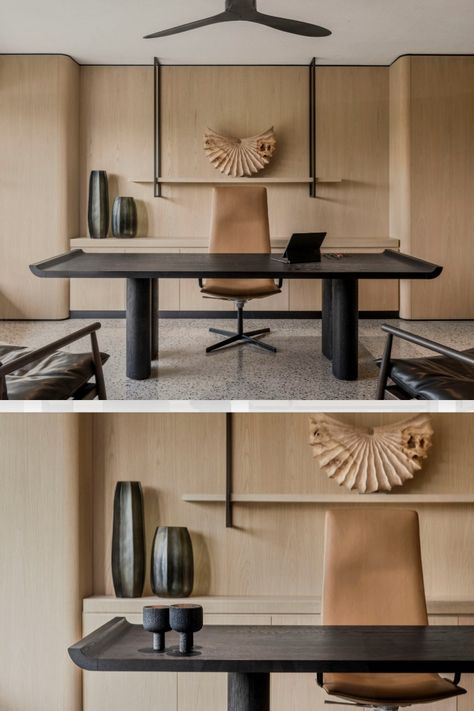 This serene office scene is from the headquarters of Architects Block722. With its architectural form, the dark wooden desk rests in front of the light symmetrical background. It stands out as the plane for creativity. Desk Furniture Office, Simple Modern Office Design, Stunning Office Interiors, Best Office Background, Wooden Working Desk, Modern At Home Office, Modern Organic Desk, Japandi Office Desk, Modern Office Desk Executive