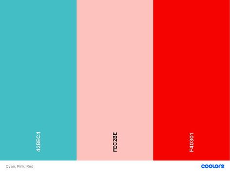 Cyan, Pink, Red Red And Aqua Outfit, Blue Red Pink Aesthetic, Pink Red Blue Color Palette, Red And Teal Aesthetic, Mid Century Modern Color Palette, Turquoise Color Palette, Gelato Shop, Red Wedding Theme, Mid Century Modern Colors