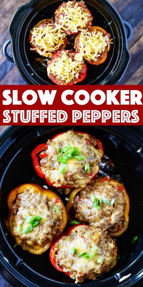 Stuffed Peppers In Crockpot, Crock Pot Stuffed Peppers, Stuffed Bell Peppers Ground Beef, Stuffed Veggies, Stuffed Peppers Beef, Crockpot Stuffed Peppers, Recipe Inspirations, Slow Cooker Stuffed Peppers, Chopped Veggies