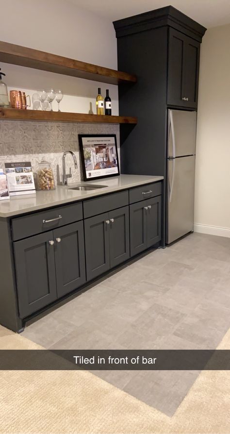 Rec Room With Kitchenette, Basement Corner Bar Ideas Diy, Wet Bar Lower Cabinets Only, Ikea Kitchenette Basement, Cheap Kitchenette Ideas, Wet Bar Ideas Basement Open Shelving, Break Room Kitchenette, Basement Kitchenette Full Fridge, Large Dry Bar