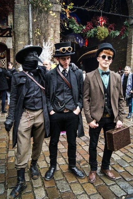 Hipster Steampunks (a plague doctor and 2 well dressed men) fashionable men's steampunk clothing.  - For costume tutorials, clothing guide, fashion inspiration photo gallery, calendar of Steampunk events, & more, visit SteampunkFashionGuide.com Modern Steampunk Fashion, Steampunk Clothes, Moda Steampunk, Steampunk Man, Steampunk Men, Mode Steampunk, Steampunk Couture, Dark Circus, Steam Girl