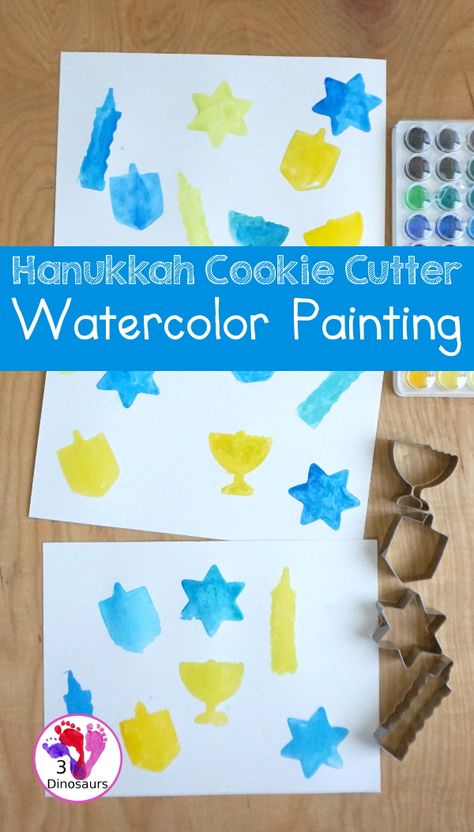 Hanukkah Watercolor Cookie Cutter Painting | 3 Dinosaurs Hanukkah Process Art Preschool, Hannakah Theme Crafts Preschool, Hanukkah Watercolor, Hanukkah Activities Preschool, What Is Hanukkah, Hanukkah Activities, Process Art Preschool, Simple Watercolor Painting, Hanukkah Activites