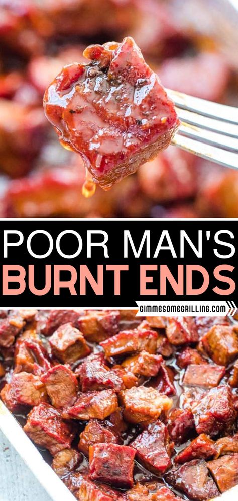 Don't want to smoke a whole brisket? This recipe lets you a chuck roast instead! Dripping in homemade BBQ sauce, these moist, fall-apart tender Poor Man’s Burnt Ends are delicious. Plus, cleanup is a breeze! Enjoy this easy game day food as an appetizer or for dinner! Poor Man's Burnt Ends, Smoker Cooking Recipes, Burnt Ends Recipe, Easy Smoker Recipes, Traeger Grill Recipes, Chuck Roast Recipes, Homemade Bbq Sauce, Smoker Cooking, Burnt Ends