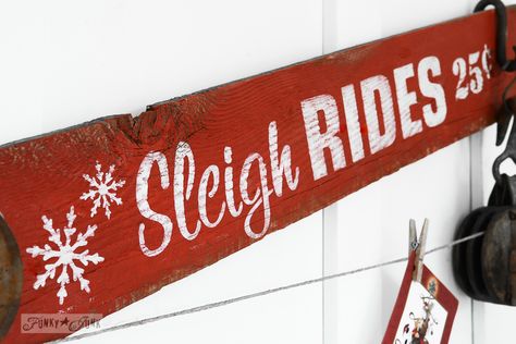 White snowflakes on a red Sleigh Rides sign for Christmas from Funky Junk's Old Sign Stencils / funkyjunkinteriors.net Christmas Plants Gifts, Wood Sleigh, Christmas Signs Diy, Sleigh Rides, Christmas Plants, Funky Junk Interiors, Winter Signs, Holiday Signs, Easy Christmas Diy