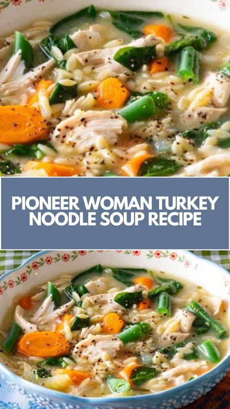 This easy and comforting Pioneer Woman Turkey Noodle Soup is a quick, hearty meal perfect for any day. Packed with tender turkey, creamy orzo, and fresh vegetables, it’s a nutritious choice that’s customizable with ingredients you have on hand. A warm, flavorful dish that’s sure to please the whole family! Pioneer Woman Soup Recipes, Pioneer Woman Soup, Pioneer Woman Turkey, Pioneer Woman Soups, Pioneer Kitchen, Turkey Noodle Soup, Creamy Orzo, Turkey Soup Recipe, Recipes Chili