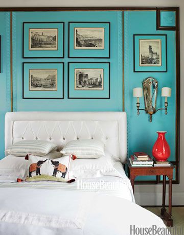 In designer Kelee Katillac's master bedroom in Kansas City, Missouri, the mats on the Piranesi Grand Tour engravings and framed fabric behind the bed are the same silk blend as the curtains, Sophia, from Katillac's Couture Collection. The Greek key trim is custom-embroidered. "Aquamarine symbolizes flow and harmony," Katillac says, "while being vivid enough to be sexy."   - HouseBeautiful.com Turquoise Bedroom Walls, Turquoise Room, Bedroom Turquoise, Turquoise Walls, Black Bedroom, Bedroom Paint, Beautiful Bedrooms, Tiffany Blue, Bedroom Colors