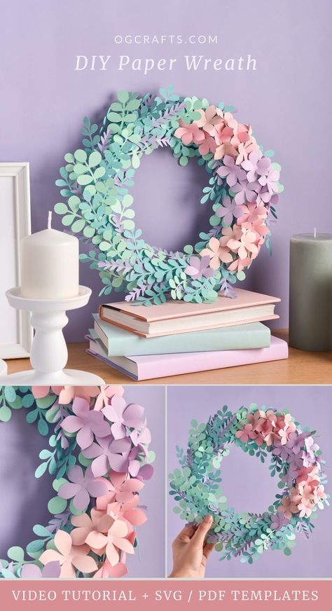 This eucalyptus & hydrangea paper wreath is so gorgeous and simple to craft. Watch my video tutorial and download SVG / PDF templates to learn how you can make it! #diypaperdecor #homedecoration #wreathtemplate #ogcrafts Paper Wreath Diy, Paper Wreaths, Paper Flower Wreaths, Flowers Craft, Easy Paper Flowers, Paper Wreath, Paper Flower Crafts, Memory Care, Kids Projects