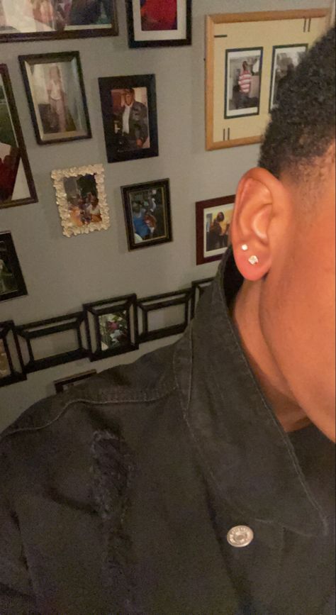 Men’s Second Ear Piercing, Black Male Piercings, Double Pierced Ears Men, Boys With Piercings Ears, Two Earrings One Ear Men, Men’s Double Piercing, Piercing Men Aesthetic, Mens Double Ear Piercing, Upper Lobe Piercing Men