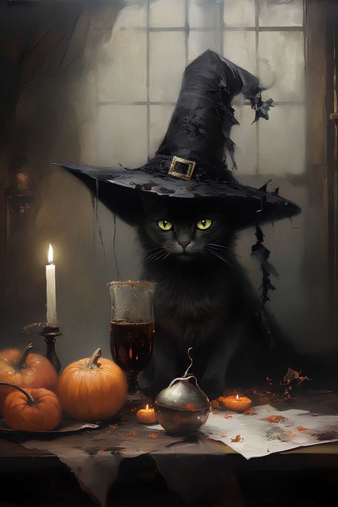 Imprimibles Halloween, Cat Halloween Costume, Halloween Artwork, Black Cat Art, Fairytale Fantasy, Halloween Images, Halloween Animals, Halloween Pictures, Black Cat Halloween