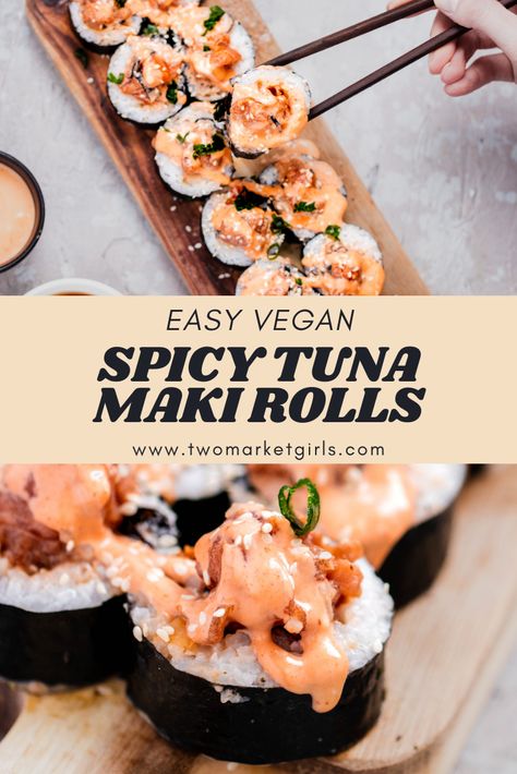 Spicy, creamy, and delicious! These Vegan Spicy Tuna Maki Rolls are two bites of bliss. Made using beefsteak tomatoes to make vegan tuna and tossed in a eggless spicy mayo. Vegan Spicy Tuna Roll, Vegan Tuna Sushi, Vegan California Rolls, Vegan Spicy Tuna, Vegan Spicy Mayo, Vegan Japanese Recipes, Tuna Maki, Maki Recipe, Vegan Salmon