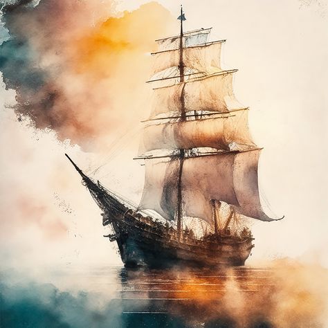 Beautiful fantasy ghostly sail ship, like a dream. Ink painting style AI generated, in Photoshop reworked fantasy image, the original image of a fantasy land. Sail Ship, Ship Sailing, Nautical Theme Decor, Sailing Art, Classic Sailing, Old Sailing Ships, Fantasy Land, Calm Waters, Fantasy Images