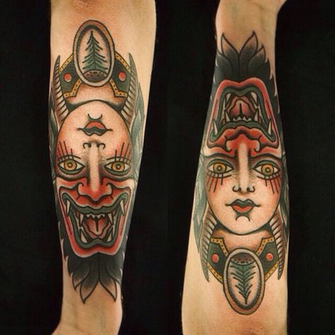 Upside Down Face Tattoo, Greenman Tattoo, Upside Down Face, Heavily Tattooed, Face Tats, Mask Tattoo, Traditional Tattoo Art, Bar Logo, Leg Tattoo