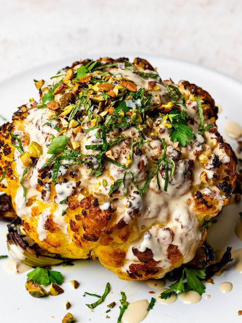 Whole Roasted Cauliflower, Tahini Sauce, Cauliflower Recipes, Roasted Cauliflower, Veggie Dishes, Tahini, Vegetable Recipes, Side Dishes, Vegetarian Recipes