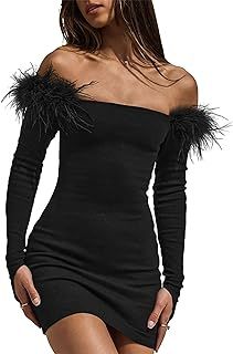 BTFBM Women's Elegant Off Shoulder Bodycon Dresses Feather Long Sleeve Ribbed Knit Mini Cocktail Evening Night Out Dress Off Shoulder Dress Bodycon, Long Sleeve Hoco Dress, Off Shoulder Bodycon Dress, Fitted Bodycon Dress, Evening Mini Dresses, Black Homecoming Dress, Off Shoulder Dresses, Rust Dress, Royal Blue Dresses