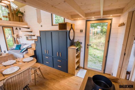 Spacious Tiny House, Tiny House Rentals, Tiny House Company, Rv Dreams, Built In Dresser, Tiny House Talk, Small Loft, White Shiplap, Tiny House Interior