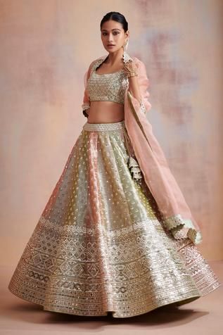 Shop for Suhino Green Tissue Mirror Work Lehenga Set for Women Online at Aza Fashions Zari Lehenga, Cutwork Saree, Lehenga Pattern, Mirror Work Lehenga, Raw Silk Lehenga, Embroidered Wedding, Runway Trends, Silk Lehenga, Lehenga Designs