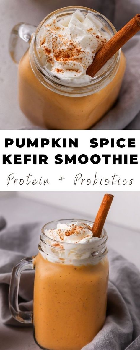 Enjoy this Pumpkin Spice Kefir Smoothie full of probiotics and protein. Made with kefir, a frozen banana, vanilla, pumpkin butter and fall spices! #pumpkinsmoothie #kefirsmoothie #guthealthrecipes #probioticsmoothie #pumpkin #kefir Probiotic Smoothie, Kefir Smoothie, Pescatarian Meals, Smoothie Protein, Pumpkin Pasta Sauce, Kefir Recipes, Friends Recipes, Pumpkin Dishes, Pumpkin Smoothie