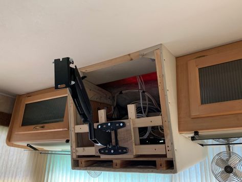 Are You Not Entertained? Upgrading our RV TV - Seeking Sights Rv Tv Cabinet Remodel, Rv Tv Mounting Ideas, Rv Tv Mount, Travel Trailer Hacks, Rv Tv, Rv Cabinets, Rv Upgrades, Rv Renovation, Are You Not Entertained