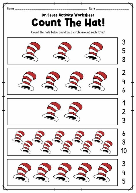 18 Dr. Seuss Worksheets For Preschool / worksheeto.com Dr Seuss Crafts Kindergarten, Dr Seuss Math Activities, Dr Seuss Worksheets, Dr Seuss Kindergarten, Dr Seuss Math, Dr Seuss Stories, Dr Seuss Printables, Dr Seuss Preschool Activities, Dr Seuss Art